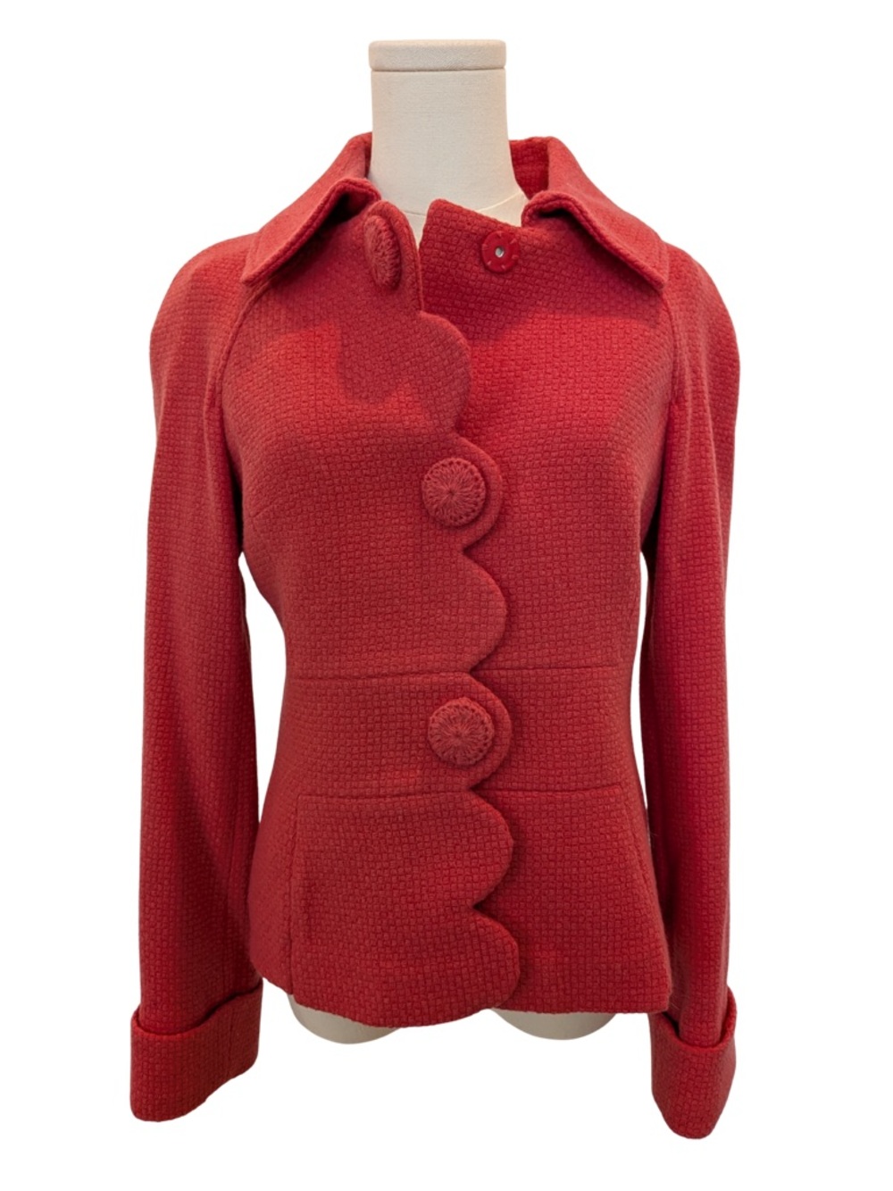 Boden Red Scalloped-Front Button Jacket